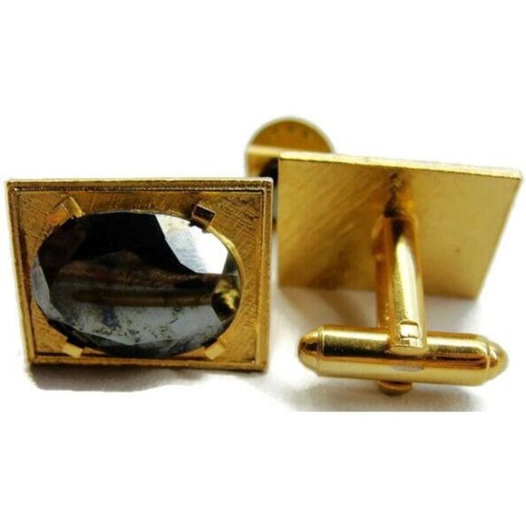 Black Faceted Cuff Link Set Dante Gold Tone Cufflinks & Tie Tack Tux Shirt Vtg - Picture 10 of 11